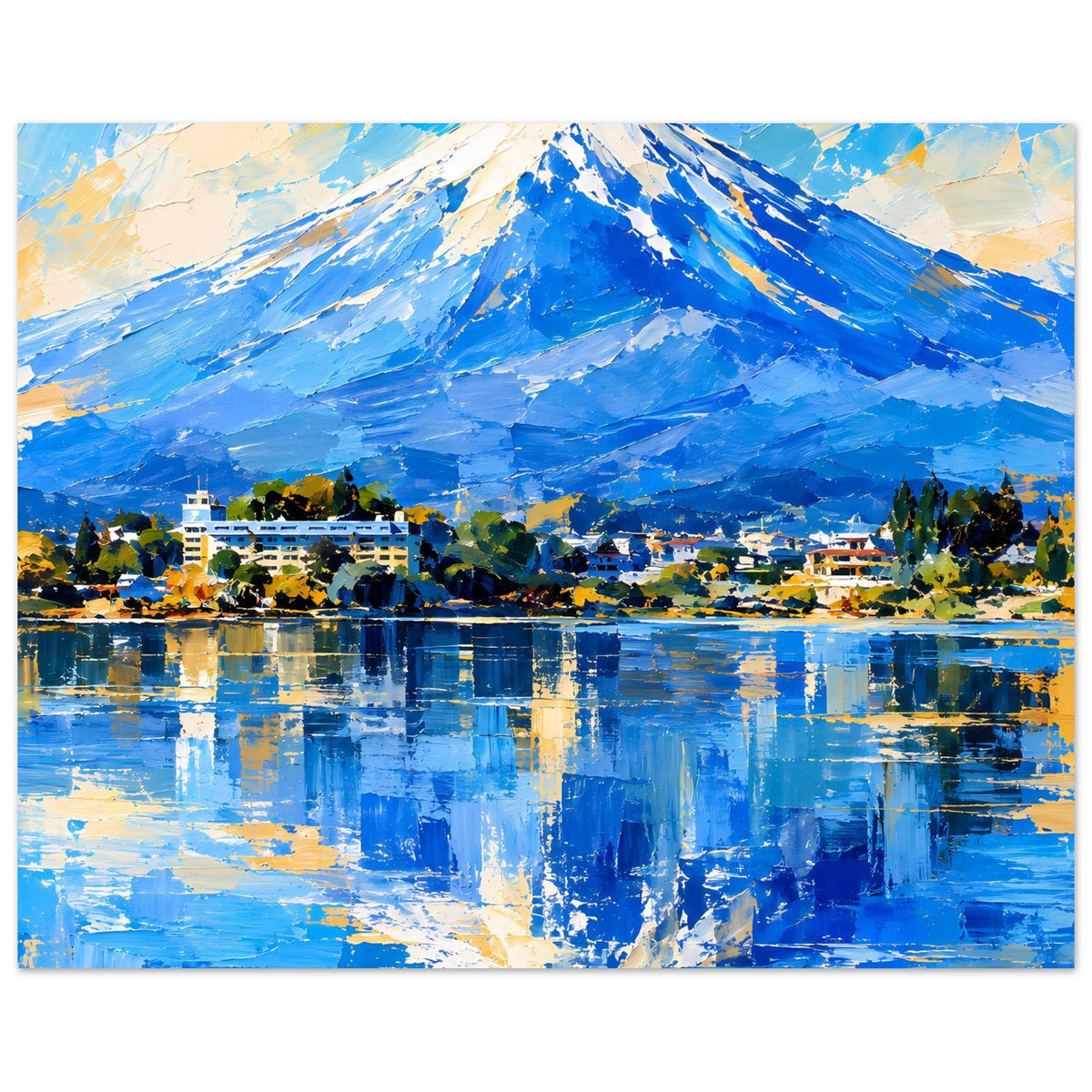 Wandposter mit blauem Berg, Dorf am Ufer und reflektierendem See im Querformat