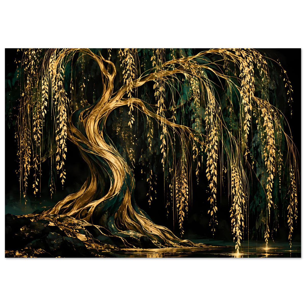 Wandposter mit goldener Trauerweide und Spiegelung im dunklen Wasser, Querformat