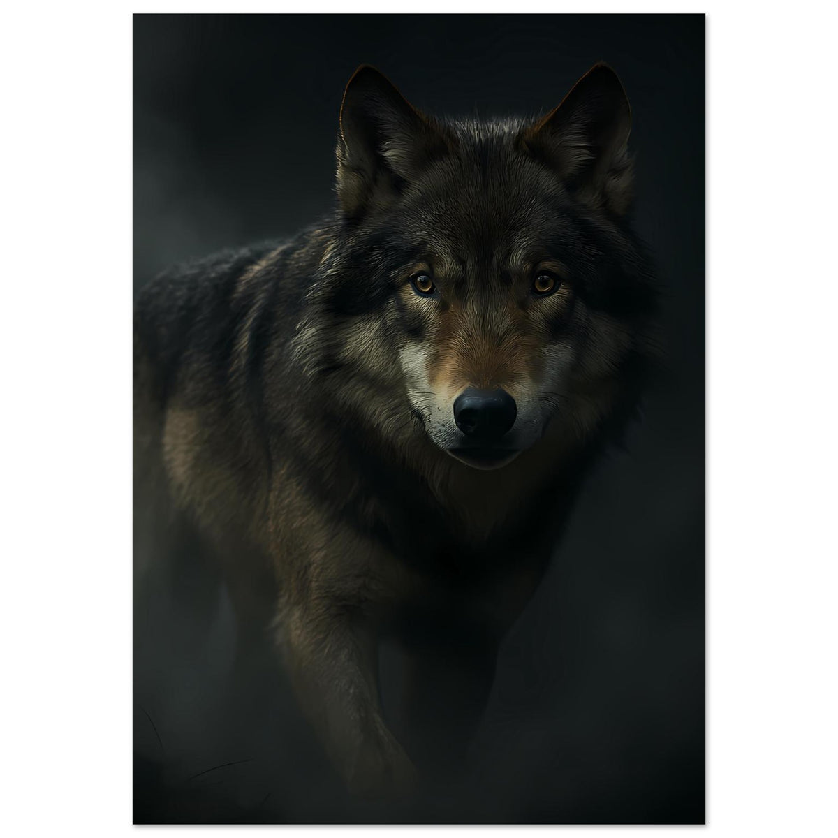 Wolfsgesicht auf Poster, schwarz-grau gestreiftes Fell, gelbe Augen, dramatischer Farbverlauf