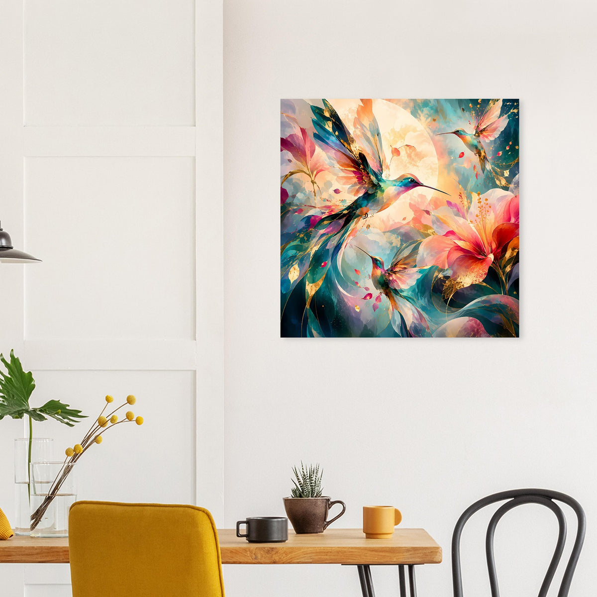 Quadratisches Kunstposter mit Kolibri und Blumen, farbintensives Aquarellmotiv