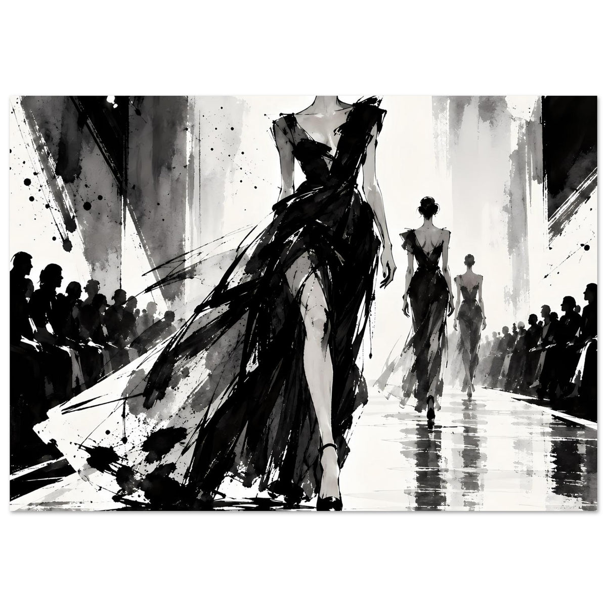 Mode-Illustrationsposter, schwarz-weiß: Frau im langen Kleid, mehrere Modelle im Hintergrund.