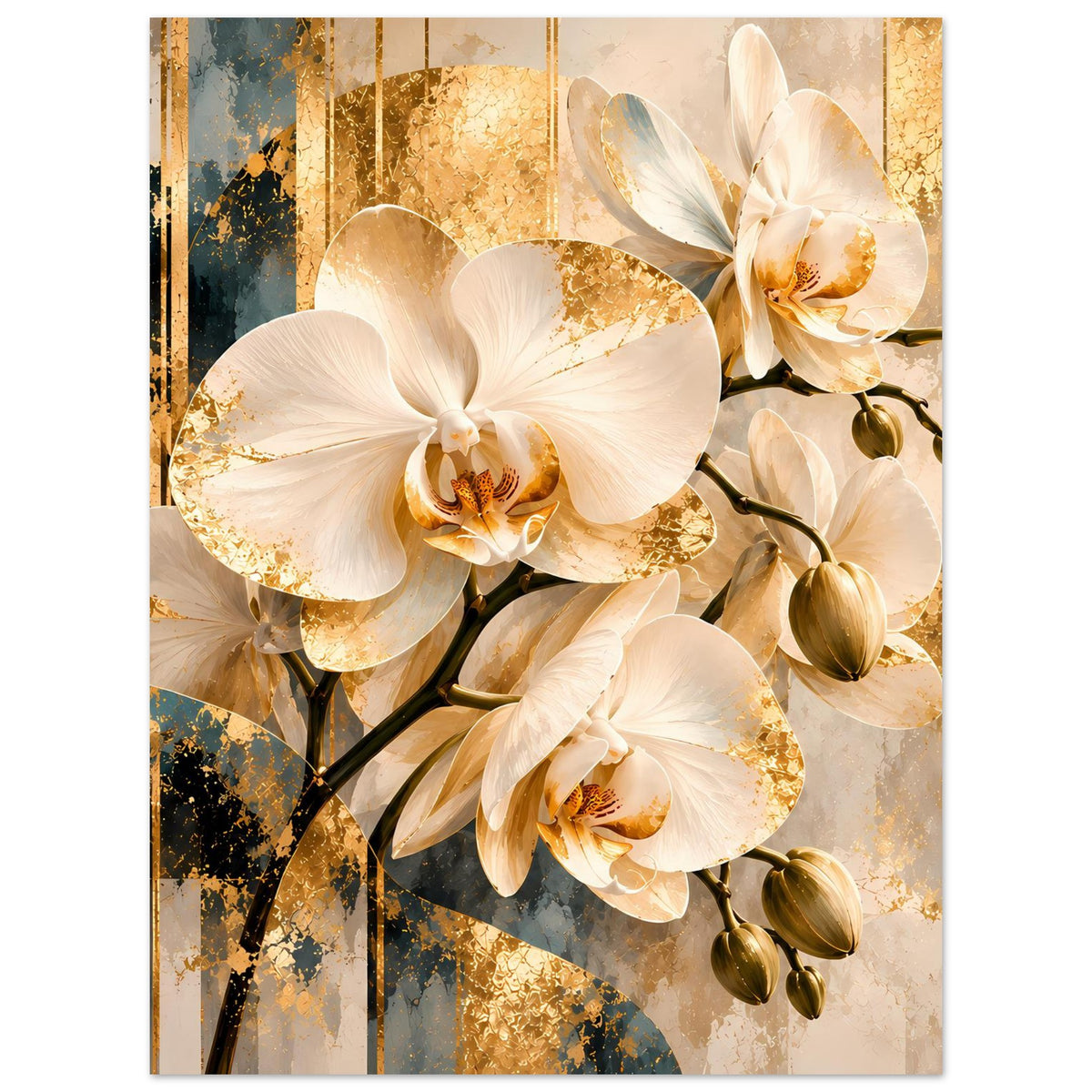 Orchideen-Wandbild: weiße Orchideenblüten mit goldenen Sprenkeln, stilvolles Poster im Rahmen