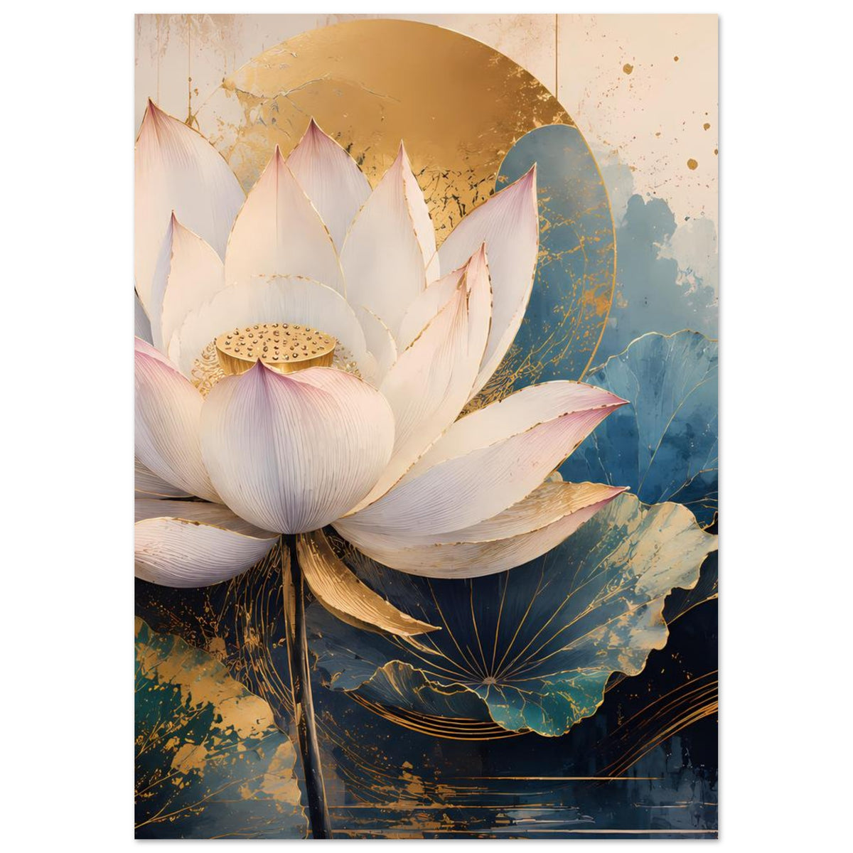 Lotusblumen-Premium-Poster mit weißen Blütenblättern, blauem Hintergrund und goldenen Sprenkeln