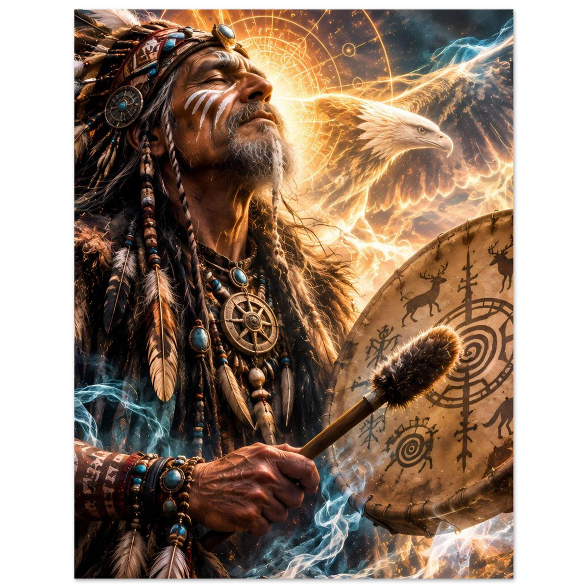 Fantasy-Poster: Schamane mit Federschmuck und Trommel, Adlerflügel und Rauch