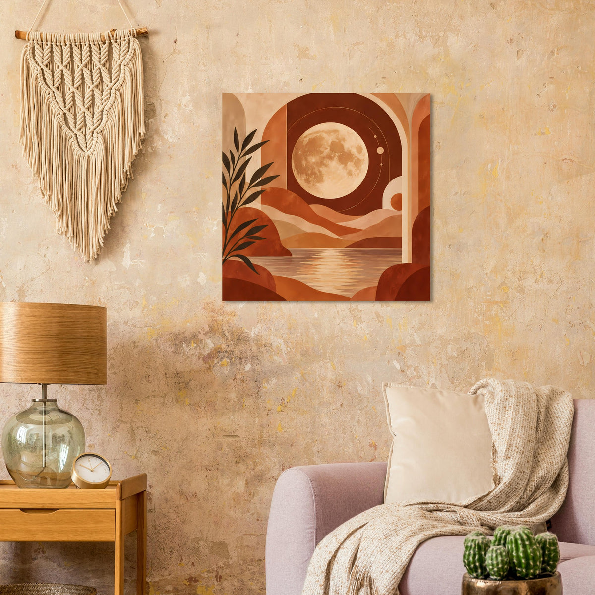 Quadratisches Boho-Poster: Vollmond über Dünen, terrakotta und braune Bögen