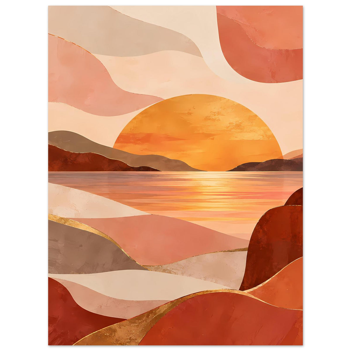 Poster mit Sonnenuntergang in warmen Erdtönen: großer orangefarbener Sonnenball und Berge im Detail