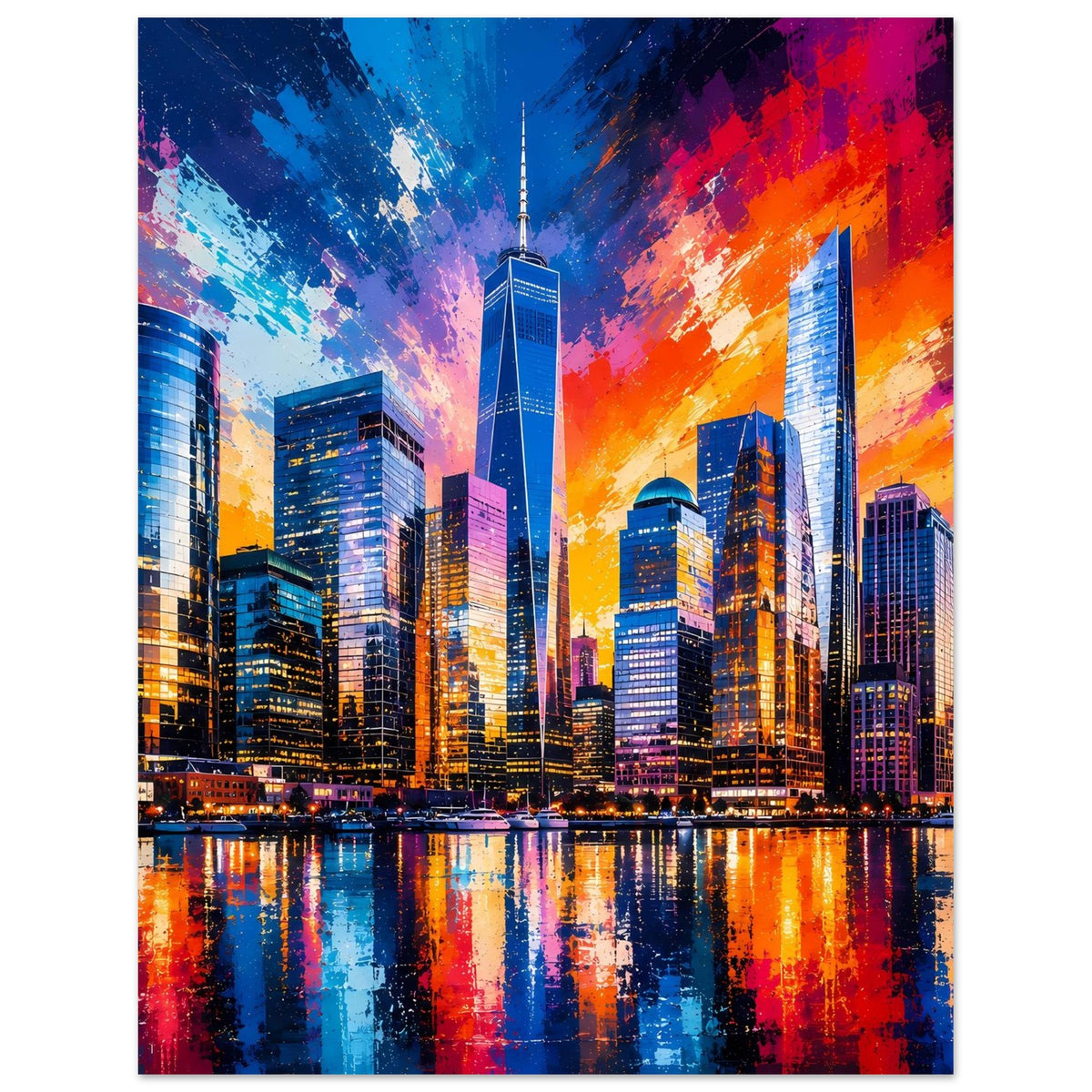 Poster mit farbenfroher Skyline bei Sonnenuntergang, kontrastreicher Himmel und Spiegelbild