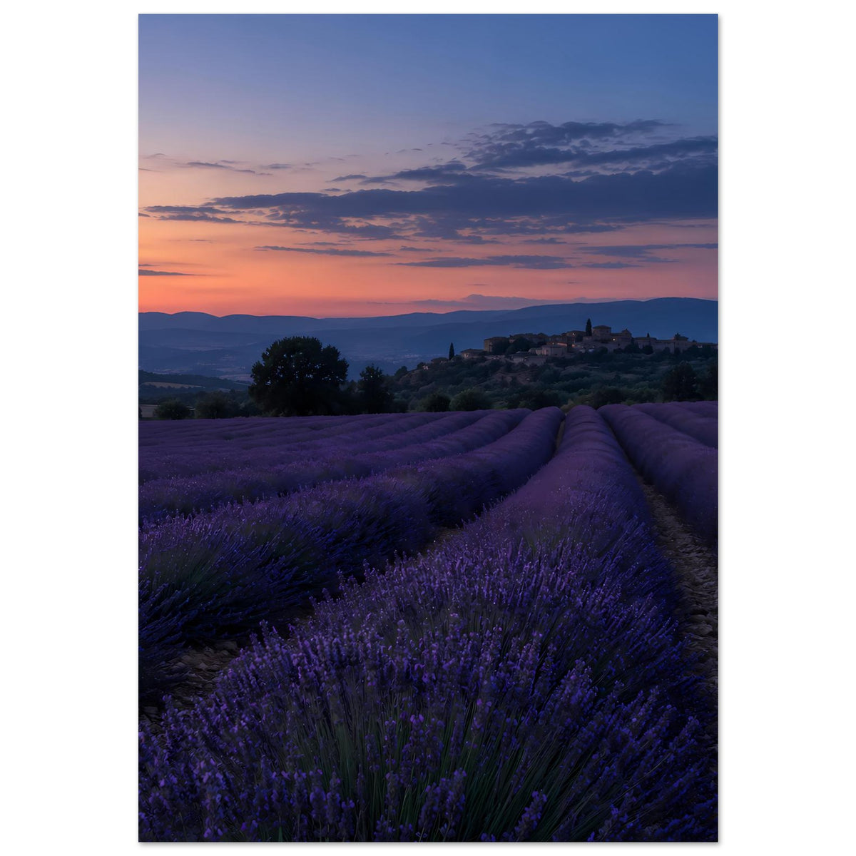 Landschafts-Poster mit Lavendelfeldweg, blau-violettem Farbton und Sonnenuntergang am Horizont