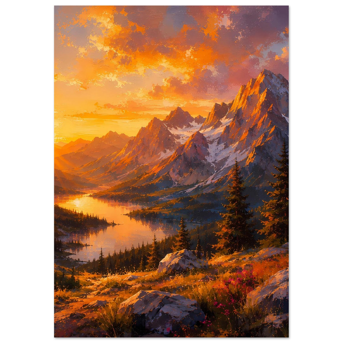 Poster im Hochformat mit Sonnenuntergang über Bergen, See und orangefarbenem Wald