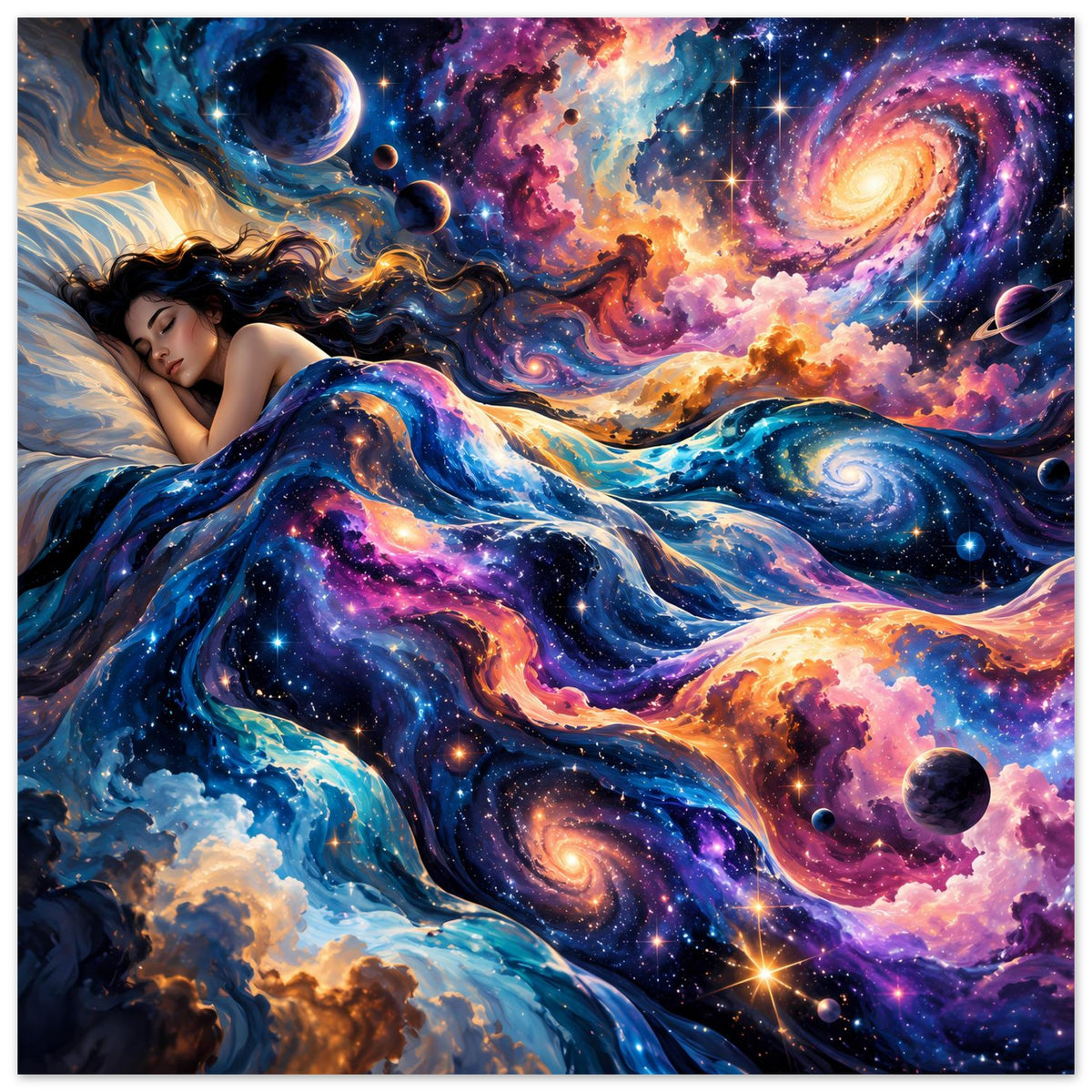 Galaxie-Wandposter im Quadratformat mit liegender Frau, Galaxien und Sternen