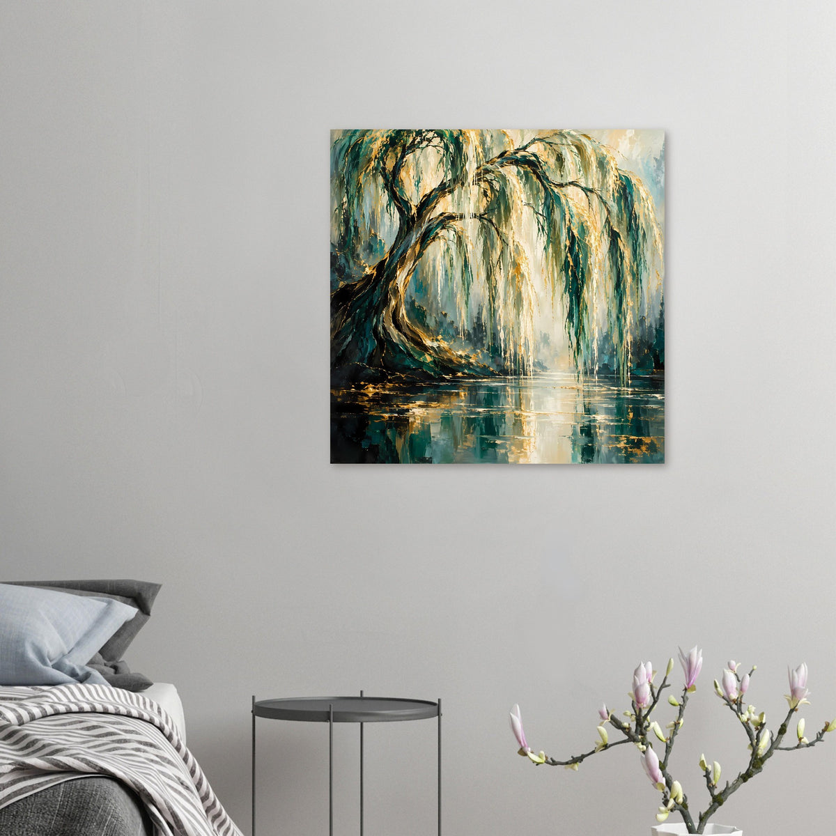 Kleines Poster mit Trauerweide in Grün und Gold, dunkle Äste und Wasserreflexion
