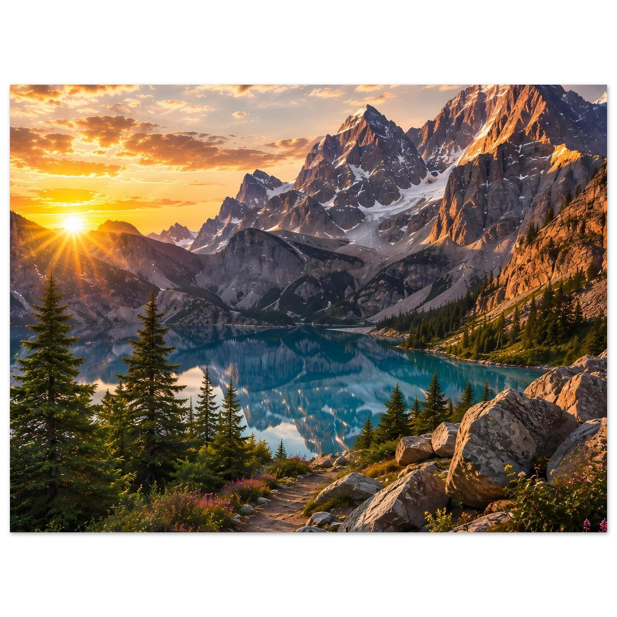 Horizontales Wandposter: Alpenpanorama mit Bergsee, Felsen und Sonnenaufgang am Horizont