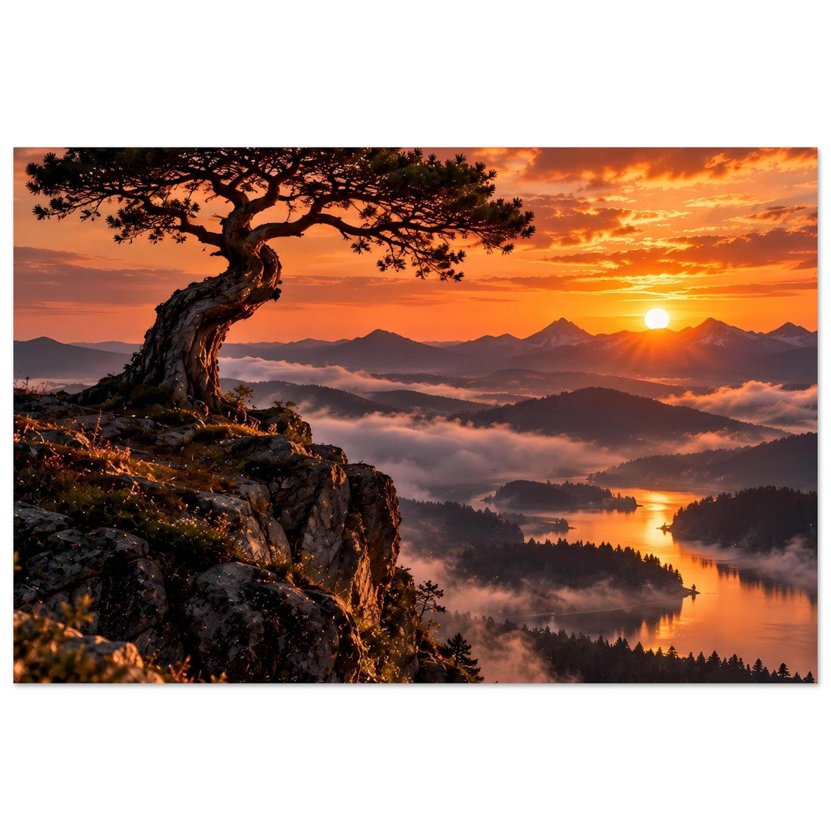 Poster mit Baum und Gestein im Vordergrund, Sonnenaufgang über Bergen und stiller Bucht.