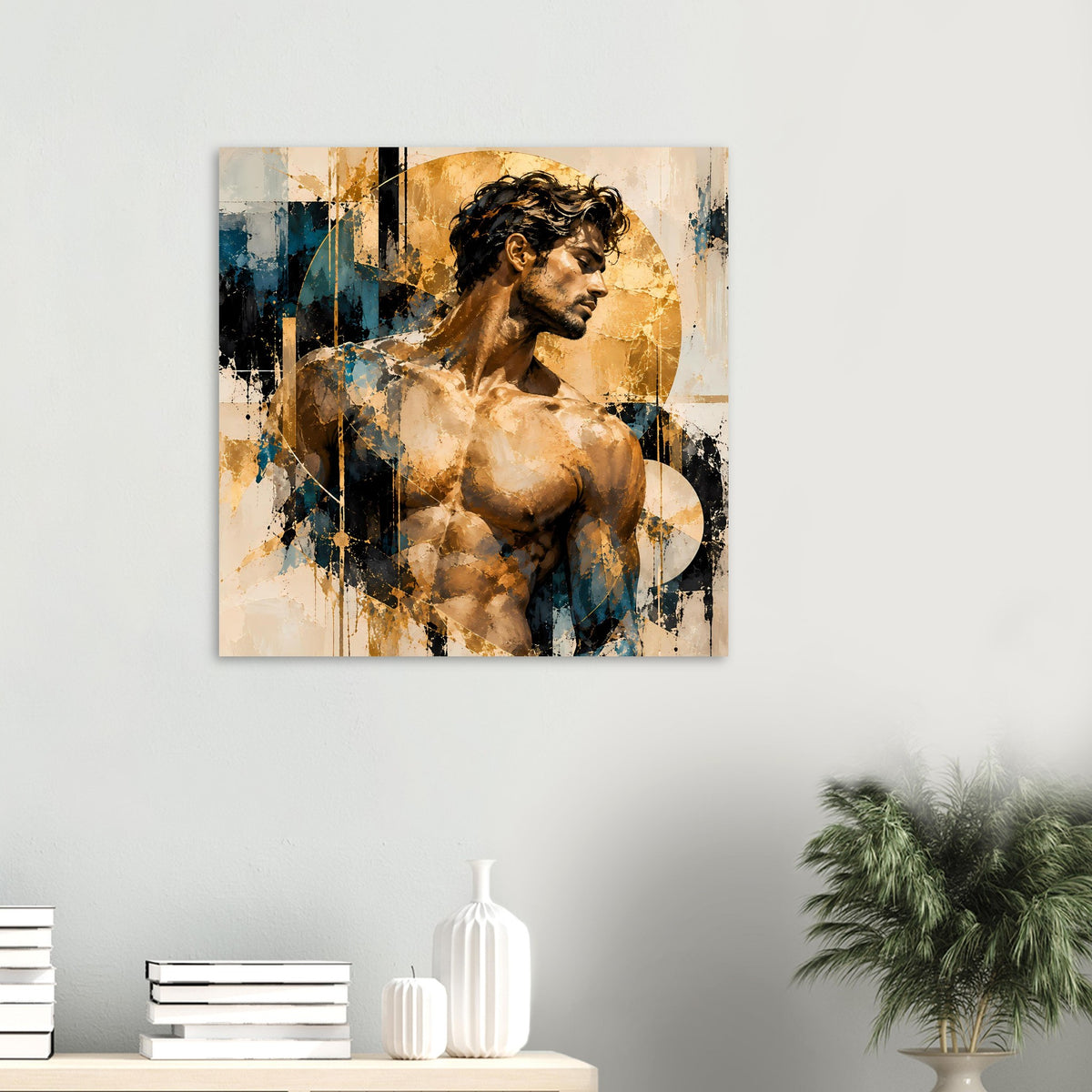 Kunstposter mit Akt-Motiv: Oberkörper im Profil, Gold- und Blaueffekte, dynamisch