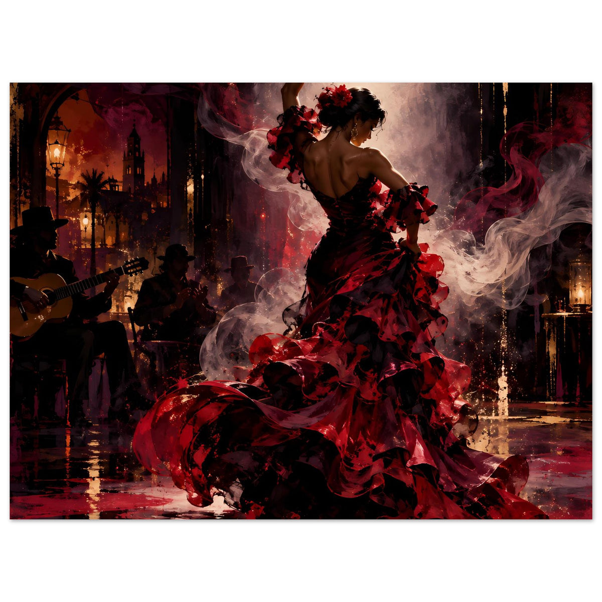 Flamenco-Passion Poster: Tänzerin in rot-schwarzem Fächerkleid, Rockfalten im Wind
