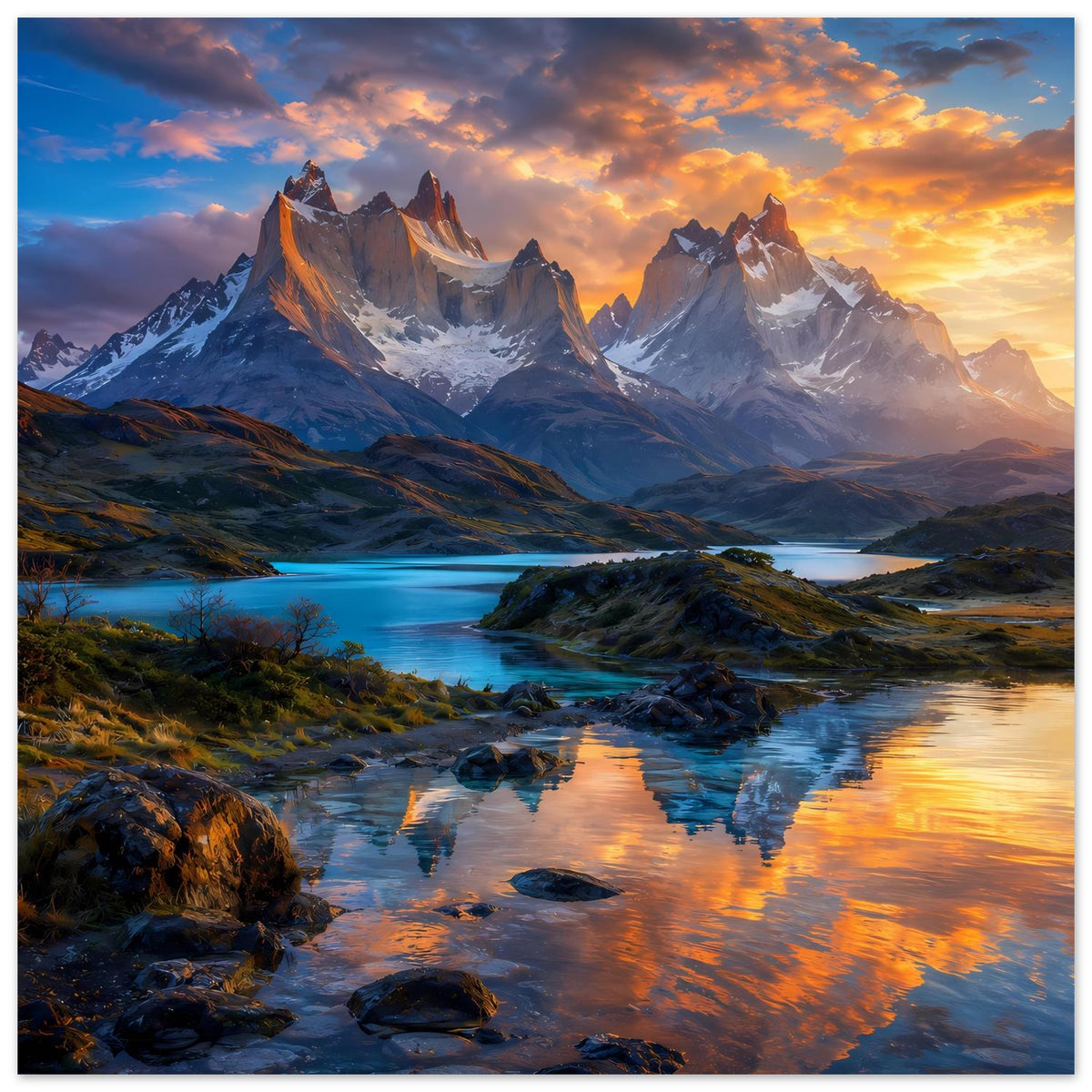 Poster im Querformat: Berglandschaft bei Sonnenuntergang mit Flusslauf und Felsen im Vordergrund