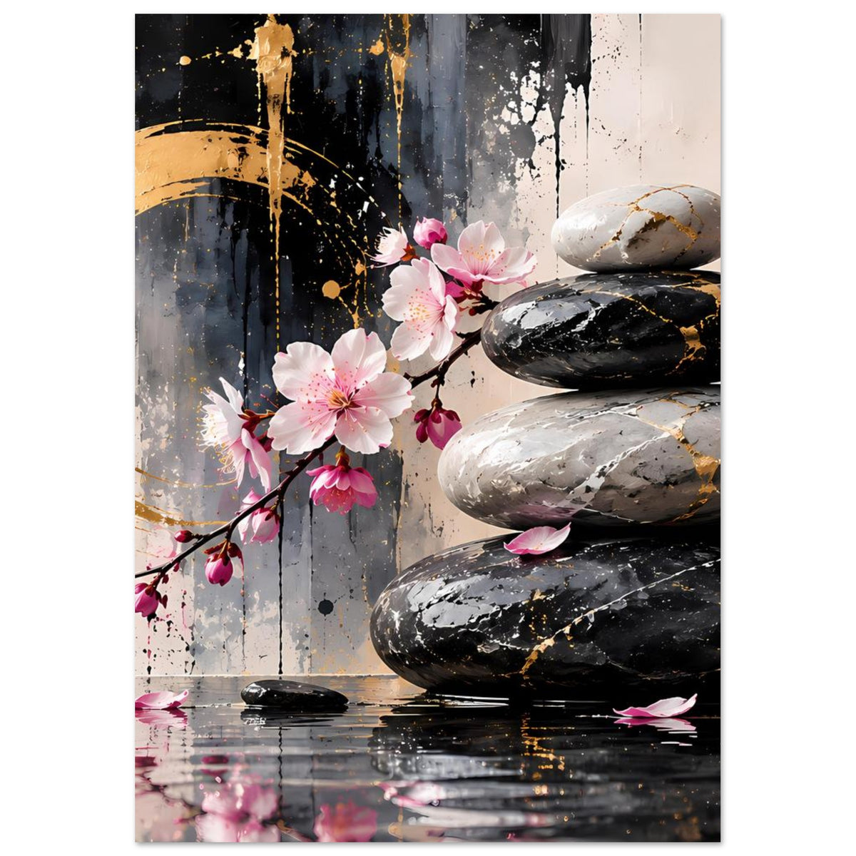 Kirschblüten-Zen-Poster mit gestapelten Steinen, goldenen Akzenten und rosa Blütenblättern