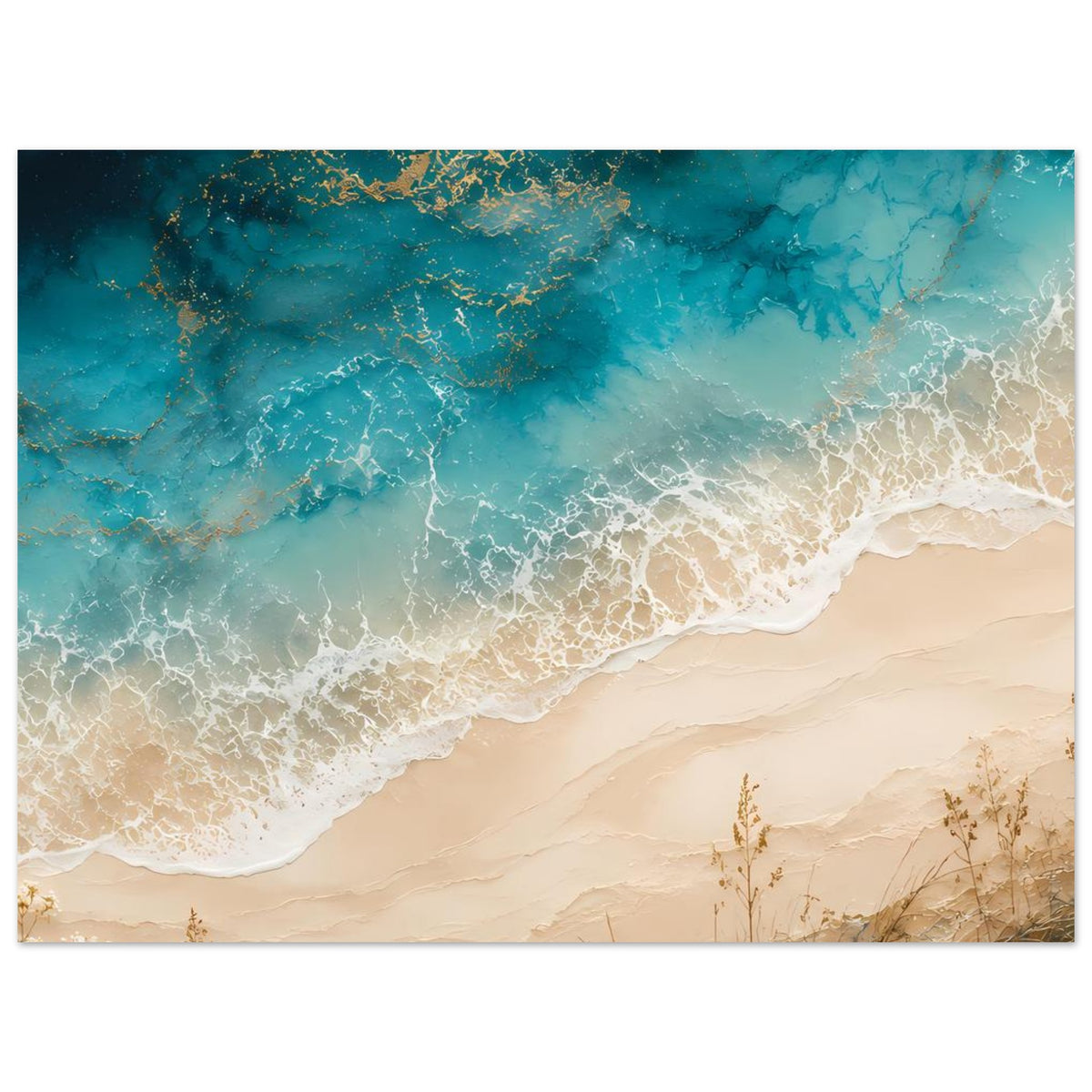 Küstenposter mit türkisblauem Meer, goldenen Farbakzenten und beigem Sand