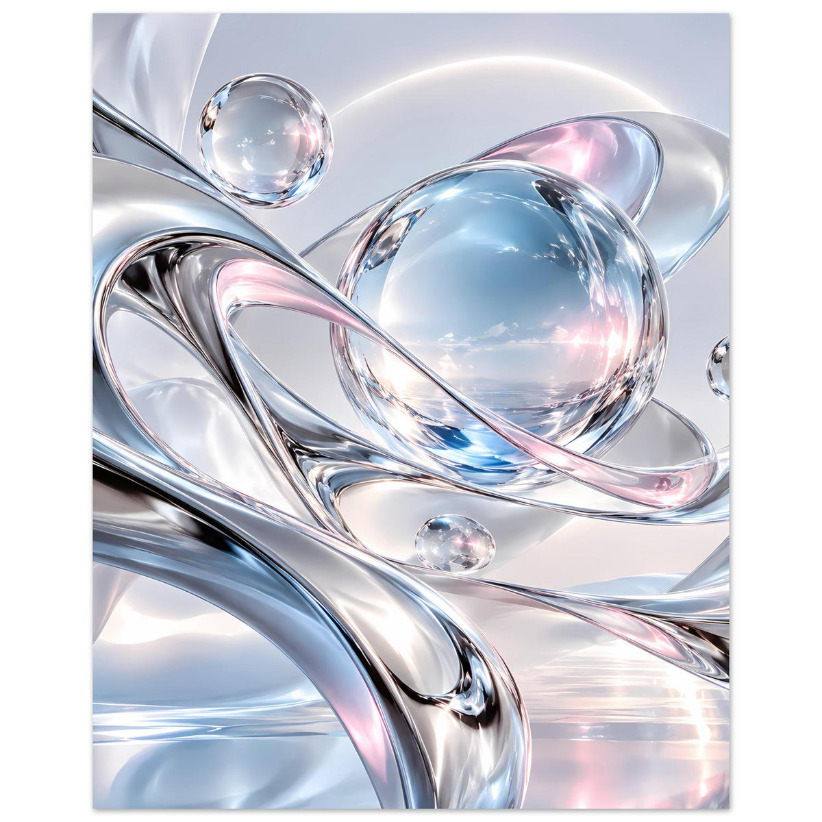 Abstraktes Kunstposter mit silbernen Metallformen, Kugeln und pink-blauen Lichtreflexen
