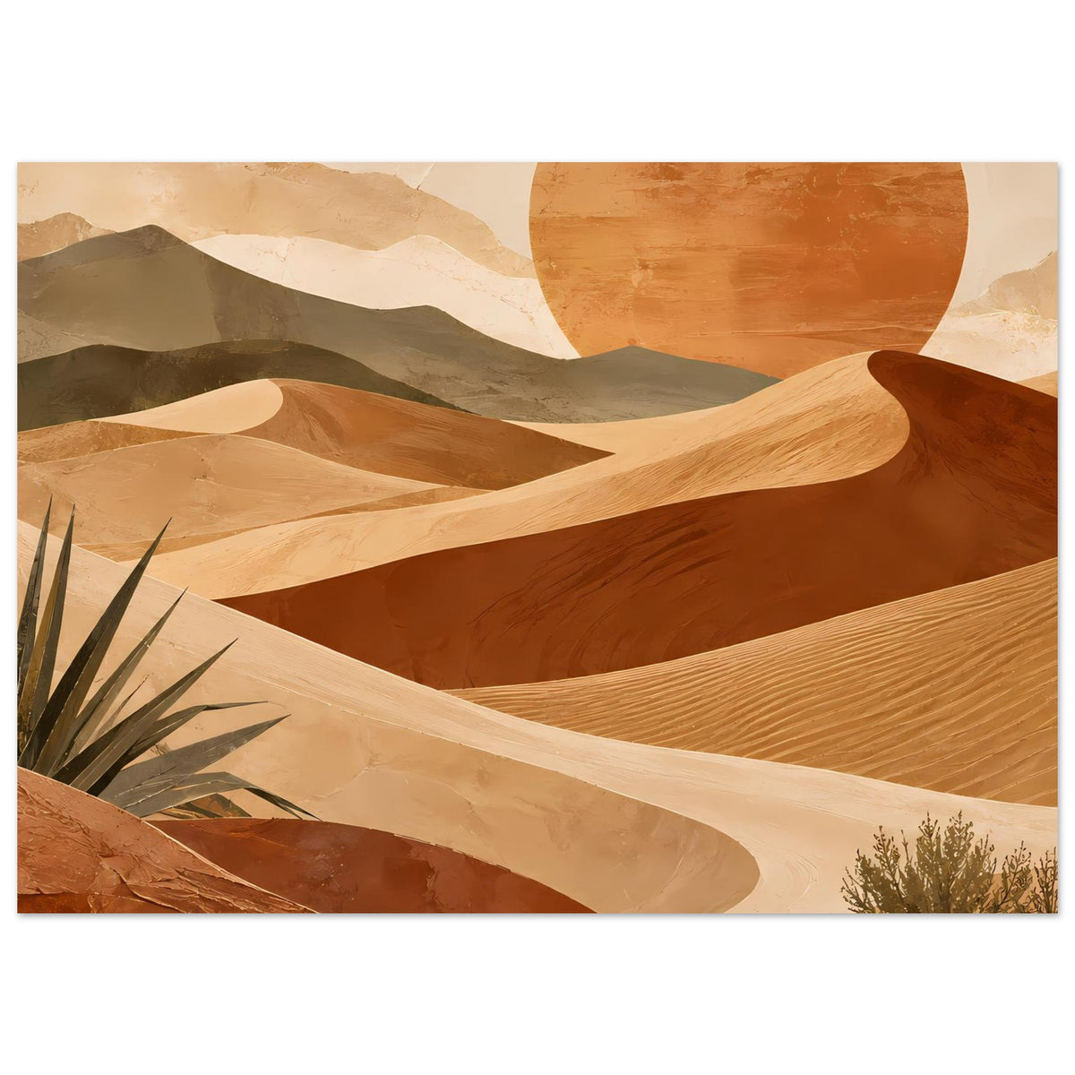 Gerahmtes Poster mit Wüstenlandschaft: Kreis-Sonne, Sanddünen und kleine Sträucher