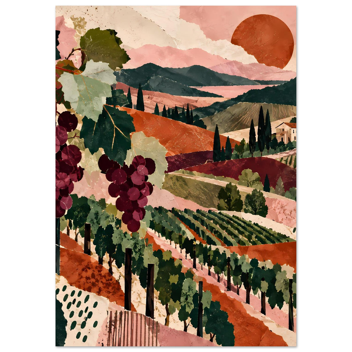 Poster Weinreben-Landschaft: Weinberge, dunkle Berge, Zypressen, Dorf im Hintergrund und Traubenstrauch