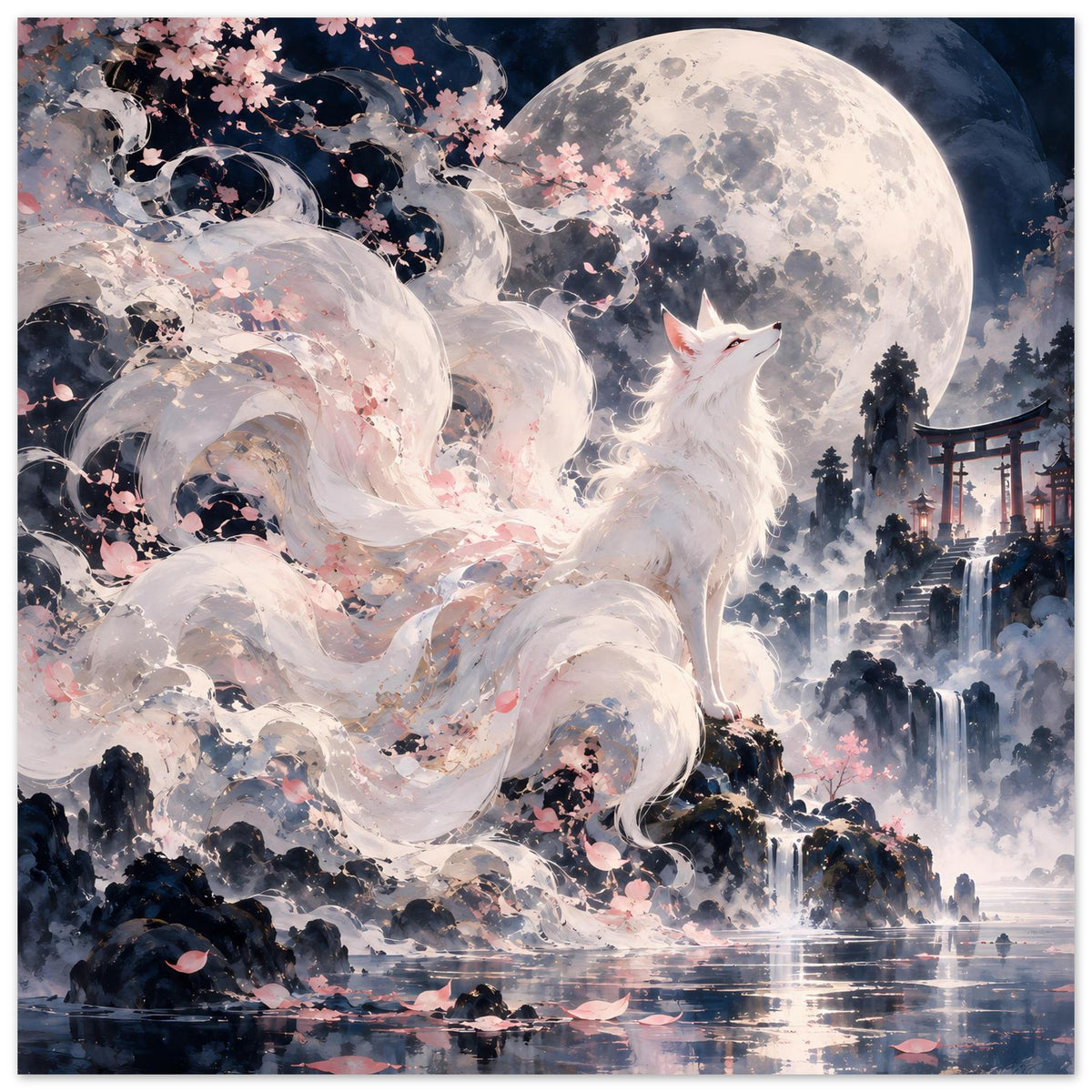 Fantasy-Poster: weißer Fuchs, Vollmondlicht, Kirschblüten und See-Reflexion