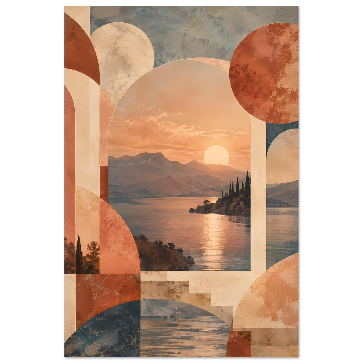 Abstraktes Poster mit Landschaft im Abendlicht, warmen Erdtönen, Bögen und Rechtecken