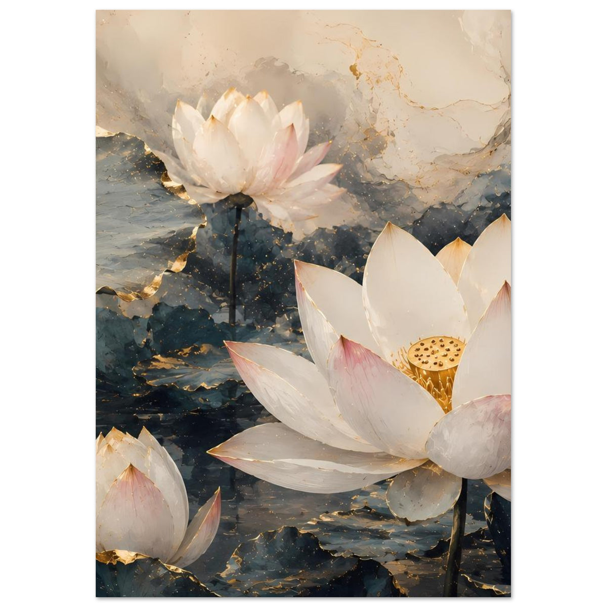 Lotusblumen-Poster mit weißen Blüten und rosafarbenen Rändern, goldfarbener Kelch, vertikal