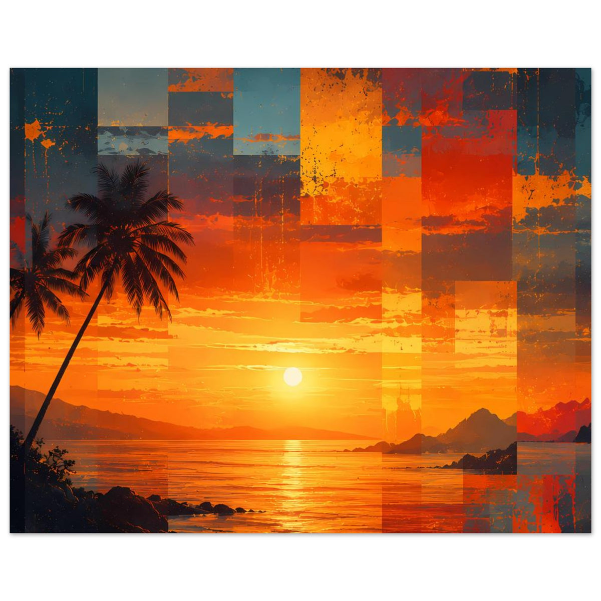Horizontaler Kunstdruck: Orangefarbener Sonnenuntergang am Meer, Patchwork-Textur