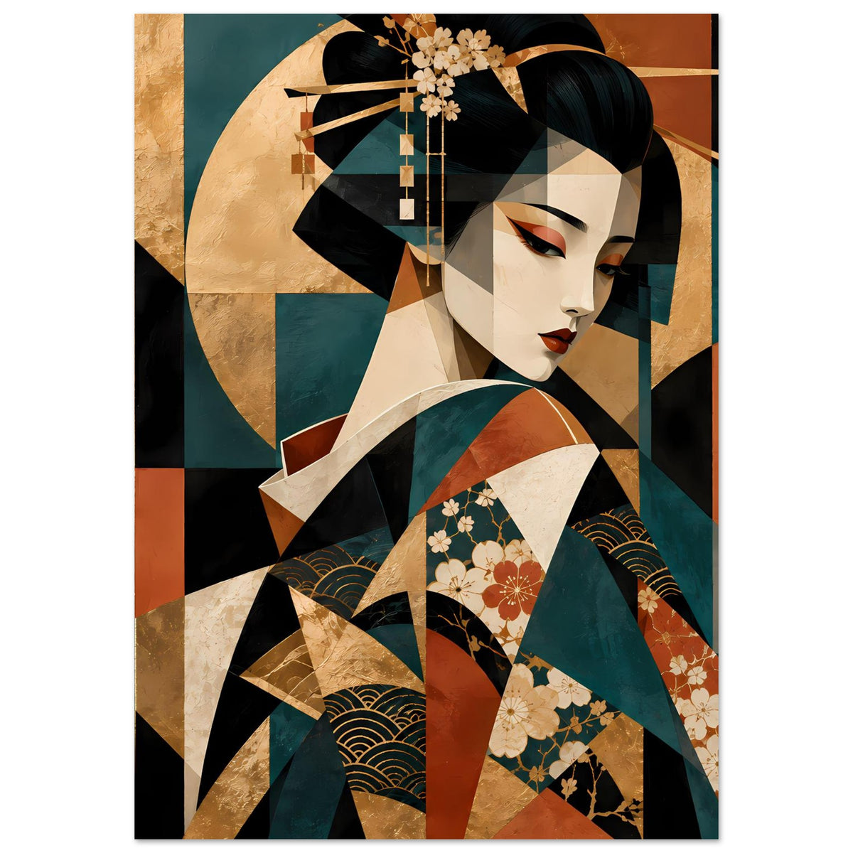 Kunstposter Hochformat: Geisha mit geschlossenen Augen, florales Kimono-Detail