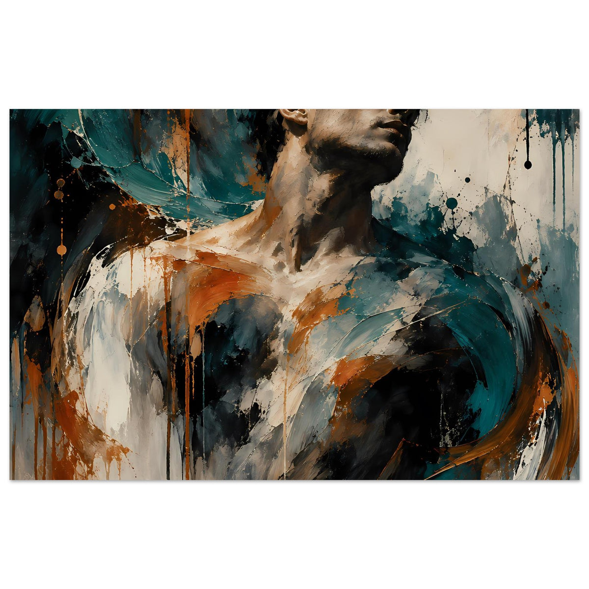Kunstposter mit expressionistischem Porträt: Mann im Profil, Rostorange und Petrol, Pinselstriche