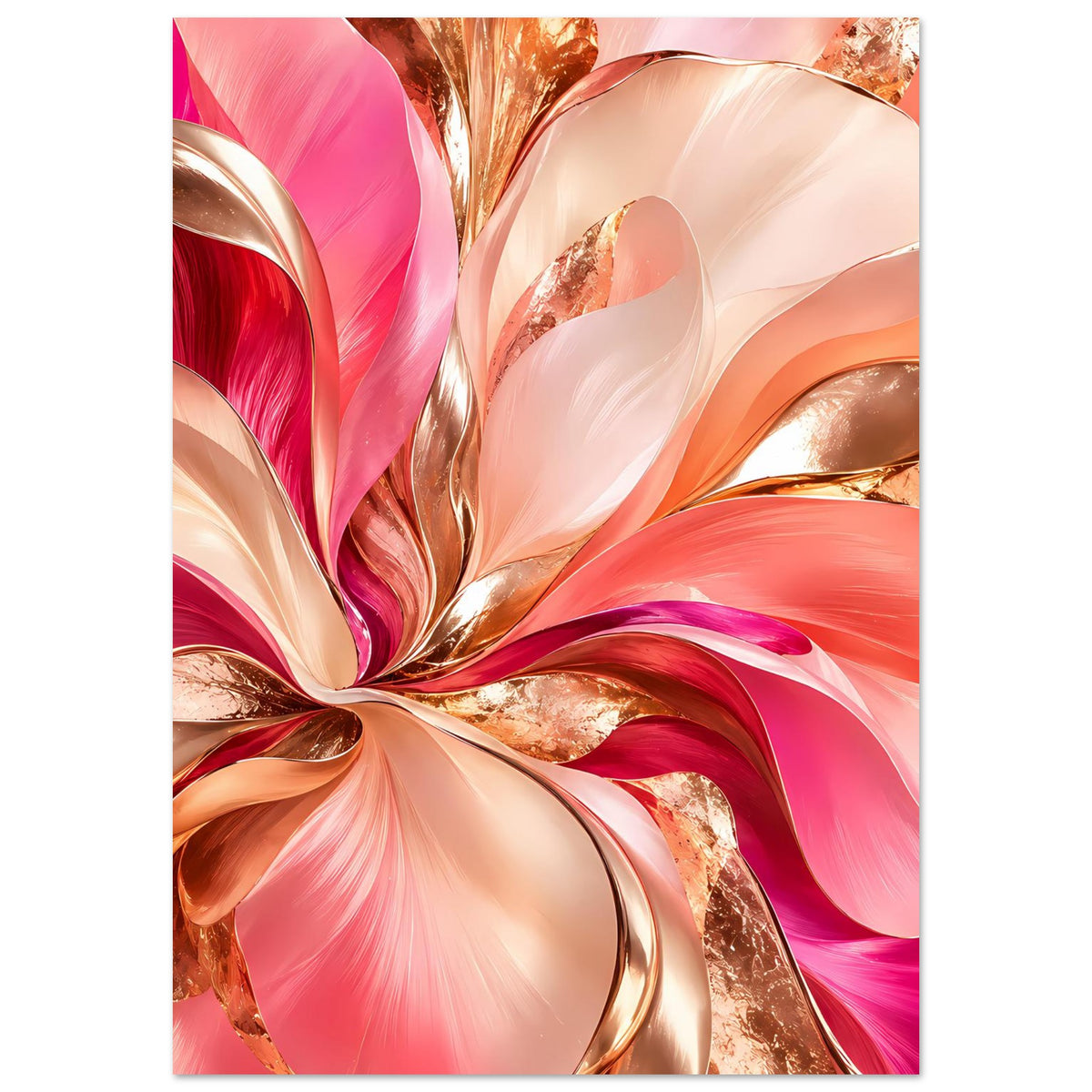 Abstraktes Blumenposter mit rosa Farbwirbeln und goldenen Metallstreifen im Wirbelzentrum