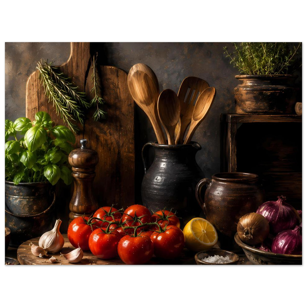 Küchen-Still-Life Poster mit roten Tomaten, Zitrone, Holzlöffeln im Topf und Kräutern