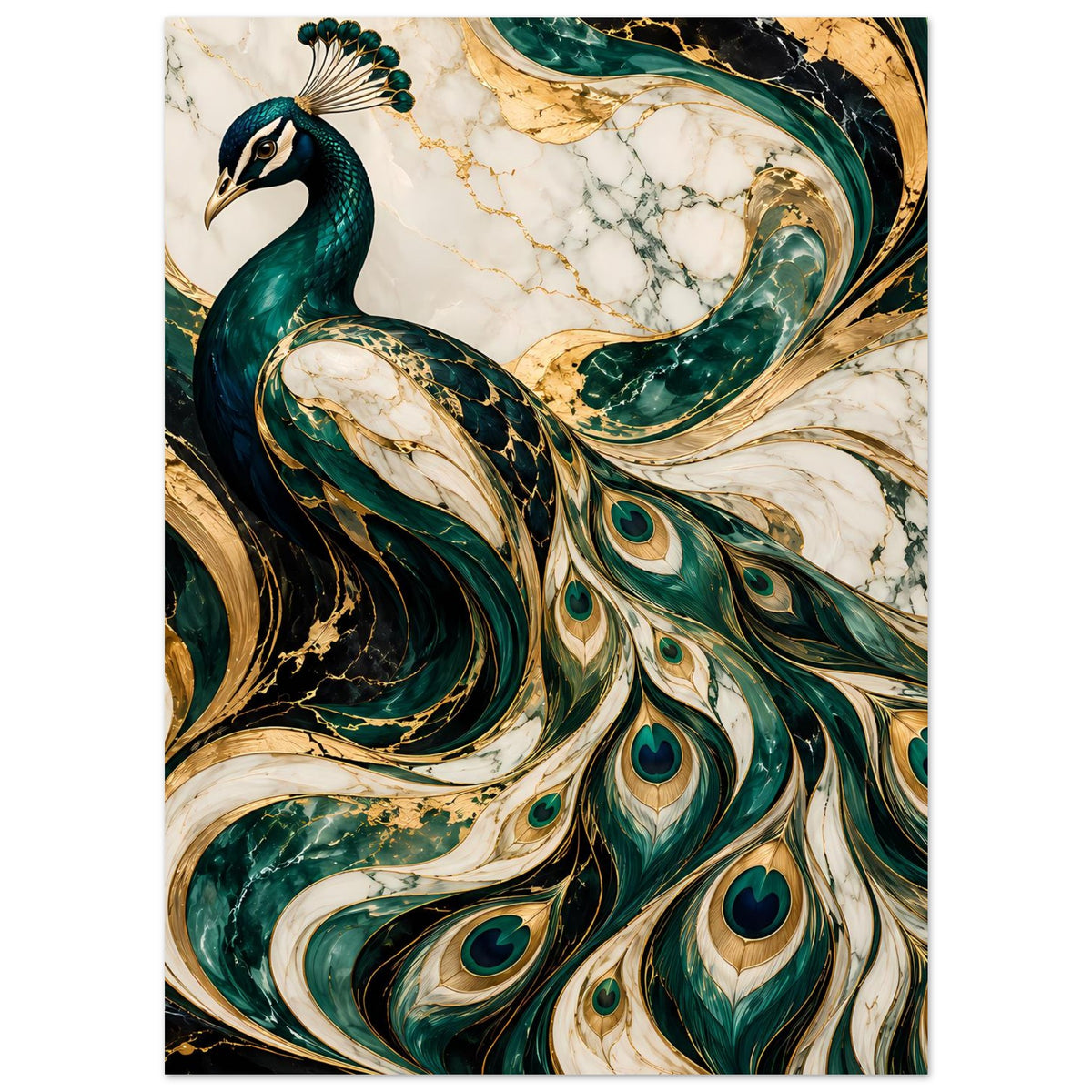 Poster mit Pfau-Motiv in Smaragdgrün und Gold, Schwerpunkt auf Kopf und Halsfedern