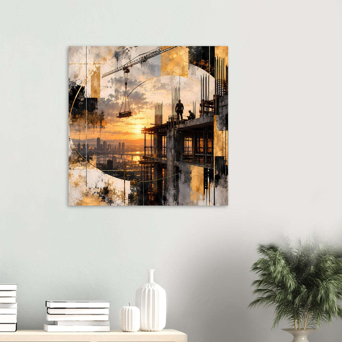 Gerahmtes Poster mit Baustellen-Skyline, Kranen und Sonnenuntergang, mittel, quadratisch
