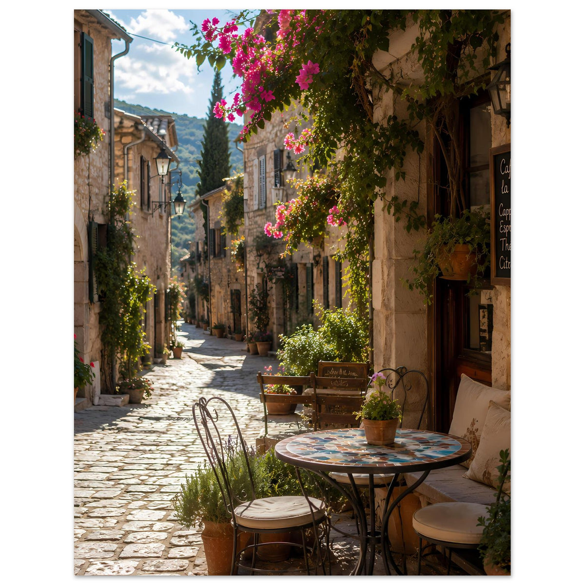 Poster einer sonnigen Café-Straße mit Kopfsteinpflaster, Blumen und Tischen