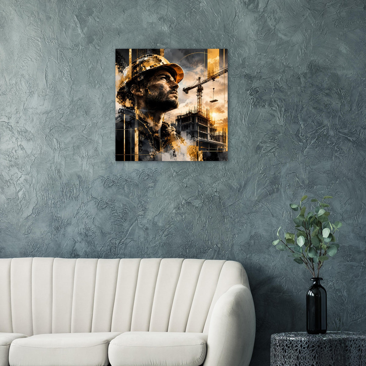 Poster im Querformat: Bauarbeiter im Profil, goldene Highlights über grauer Baustellenszene