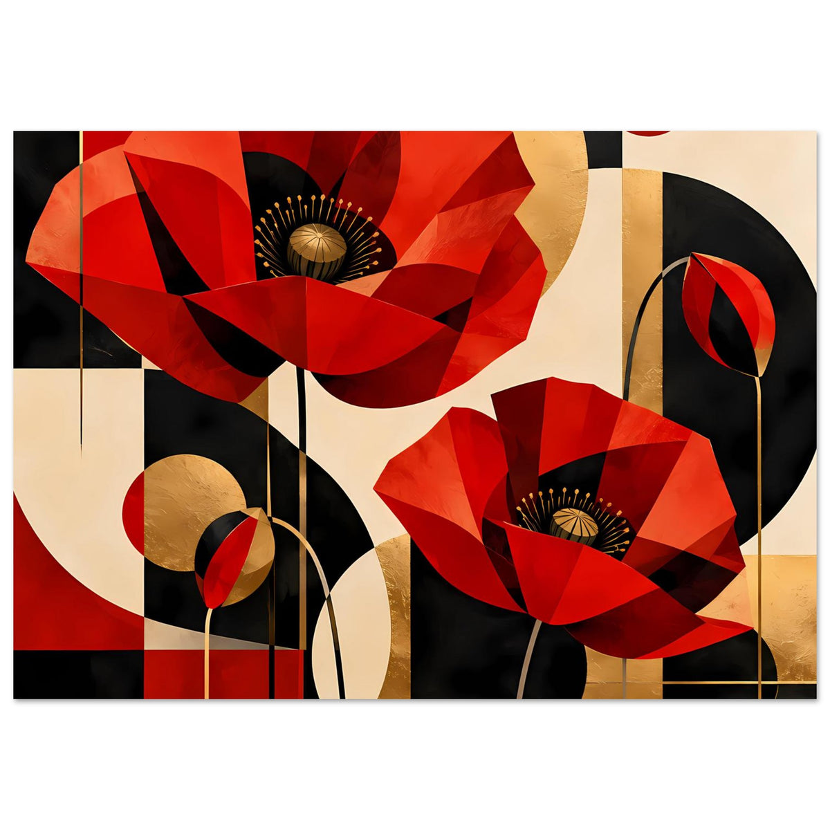 Kunstposter mit abstrakten roten Mohnblumen, geometrischen Formen und goldenen Akzenten.