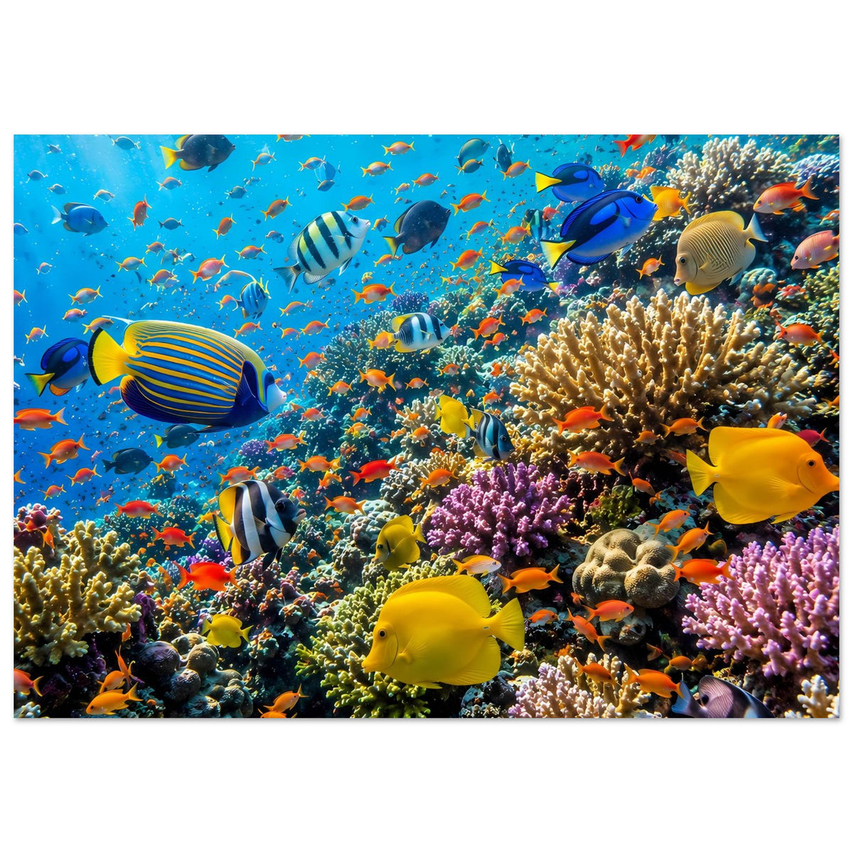 Korallenriff-Poster mit Fischen über Korallen, türkisfarbenes Wasser und farbige Details