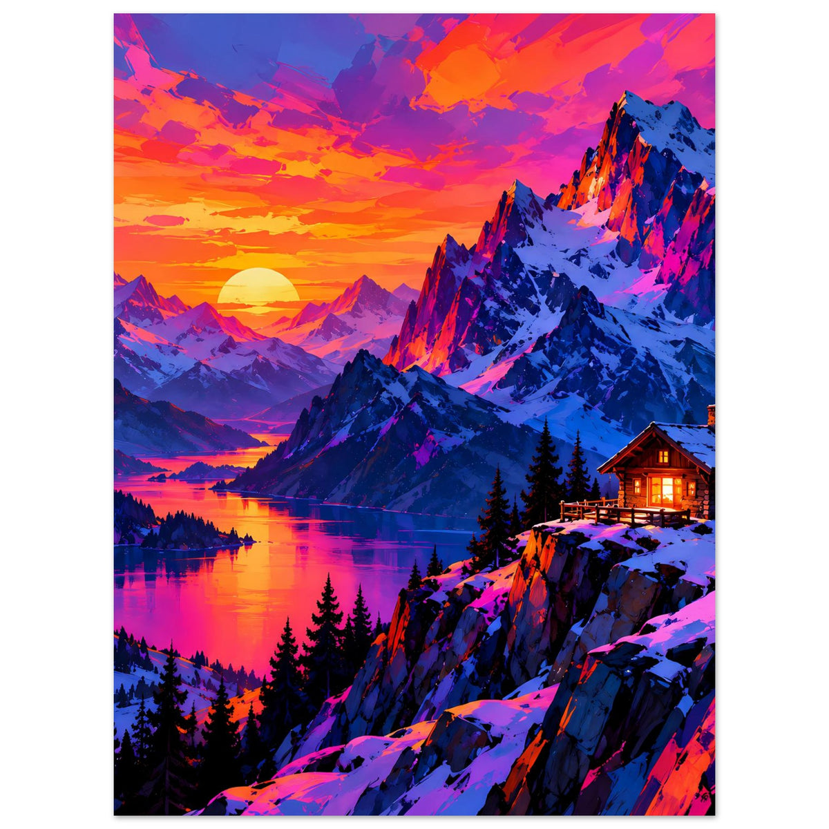 Vertikales Poster: kontrastreiche Berge bei Sonnenuntergang, Spiegelung im See, Chalet