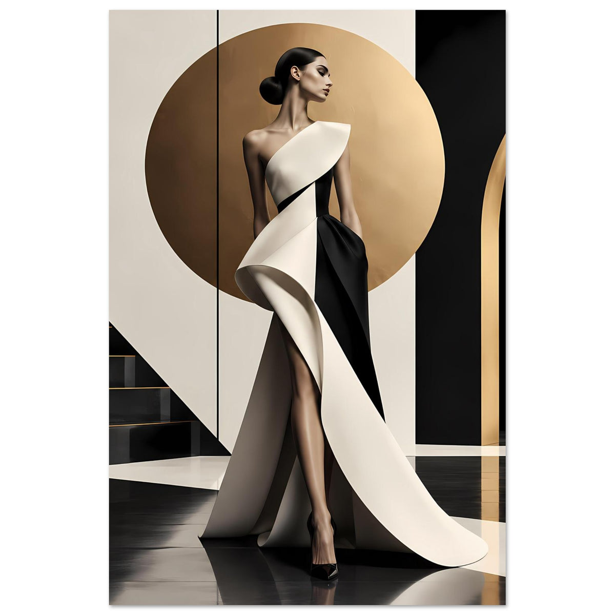 Fashion-Poster: Profil der Frau im Schwarz-Weiß-Outfit mit großer weißer Drapierung