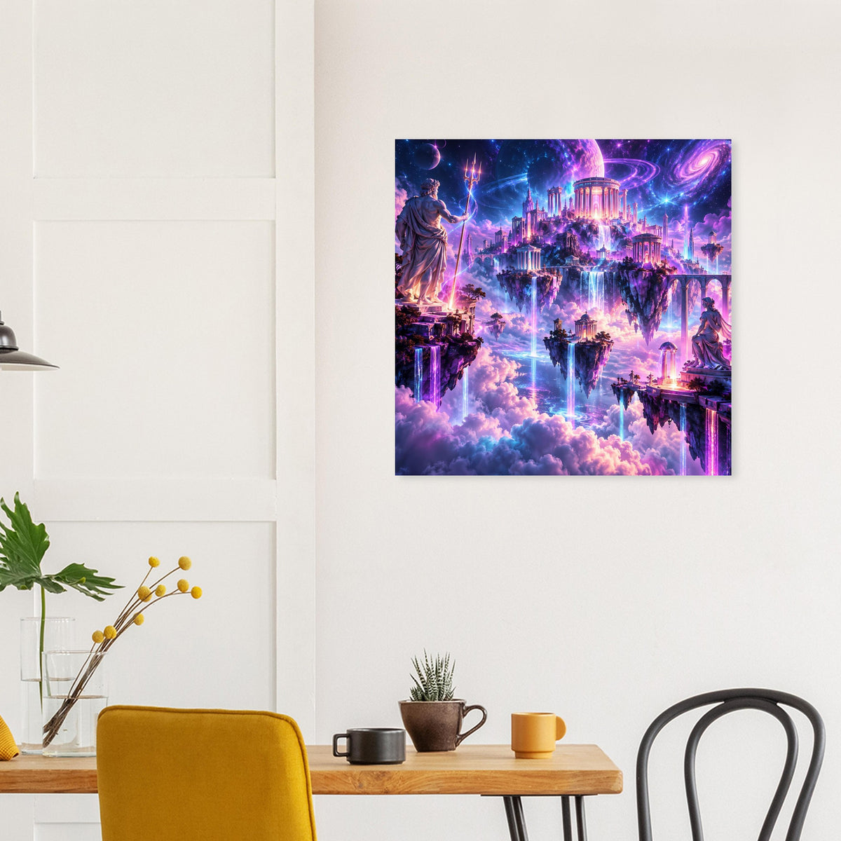Fantasy-Poster an der Wand: schwebende Inseln mit antiken Tempeln, Wasserfällen, violett
