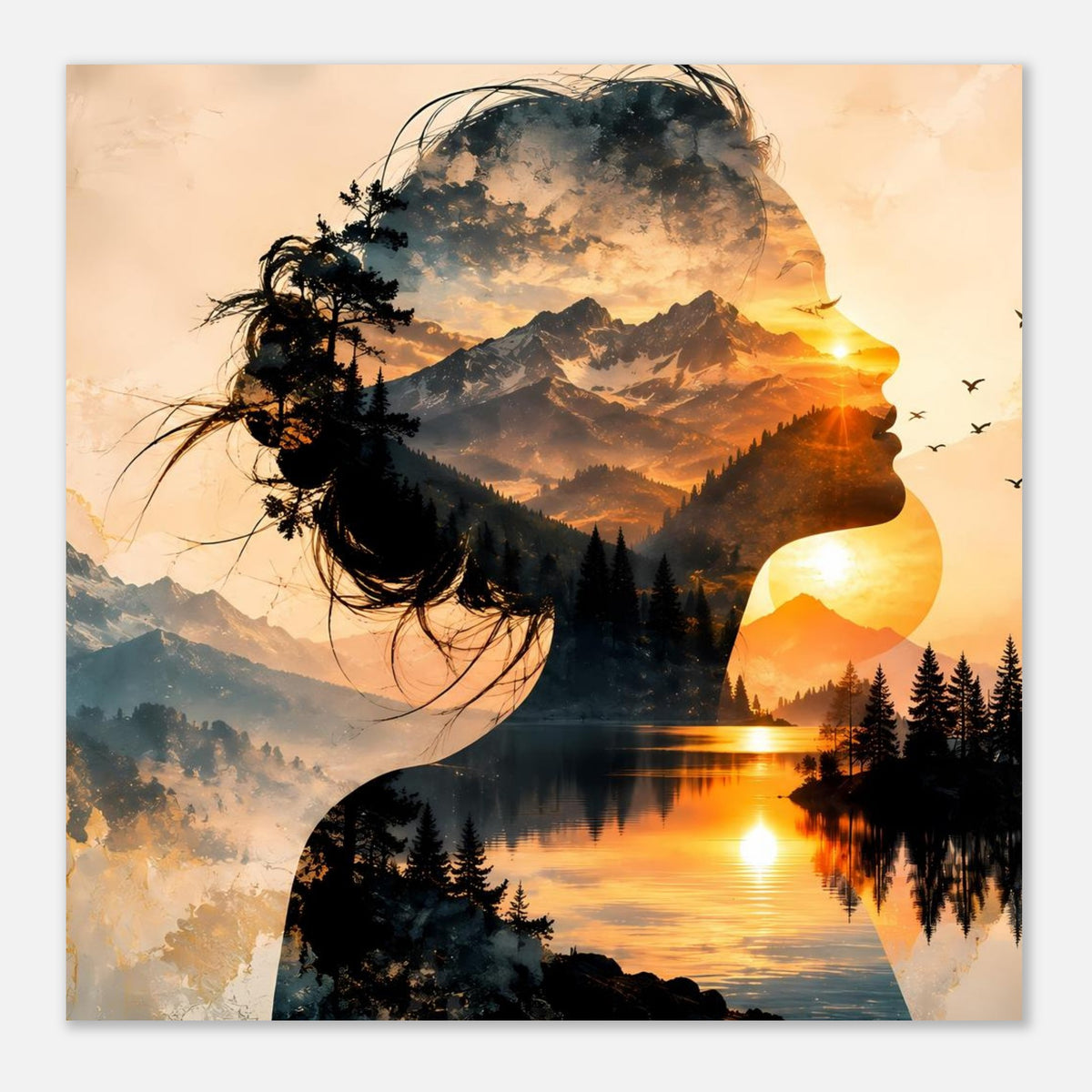 Nahansicht-Poster: Doppelbelichtung des Frauenprofils mit Bergsee und Sonnenuntergang.