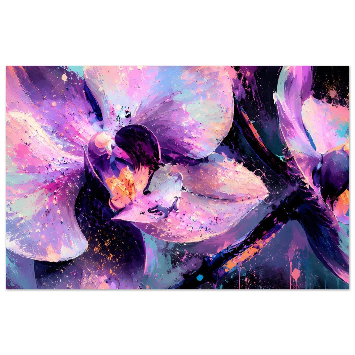 Neon-Orchideenposter im Querformat mit violetten Orchideenblüten und Spritzmustern