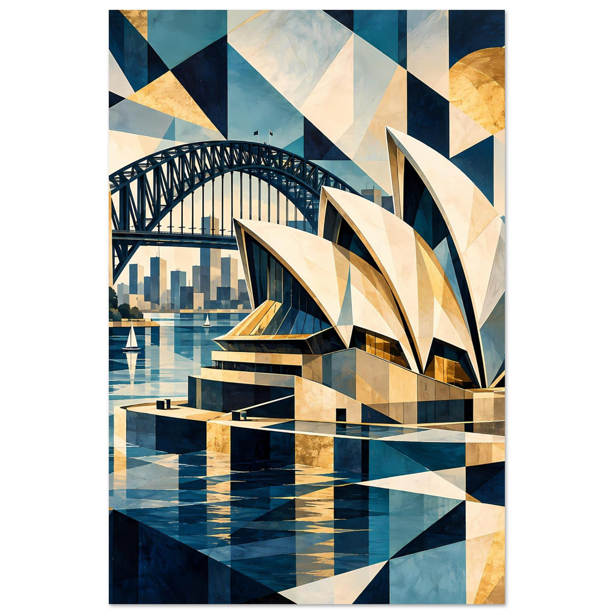 Vertikaler geometrischer Kunstdruck mit Sydney Harbour-Brücke und Blau-Gold-Facetten