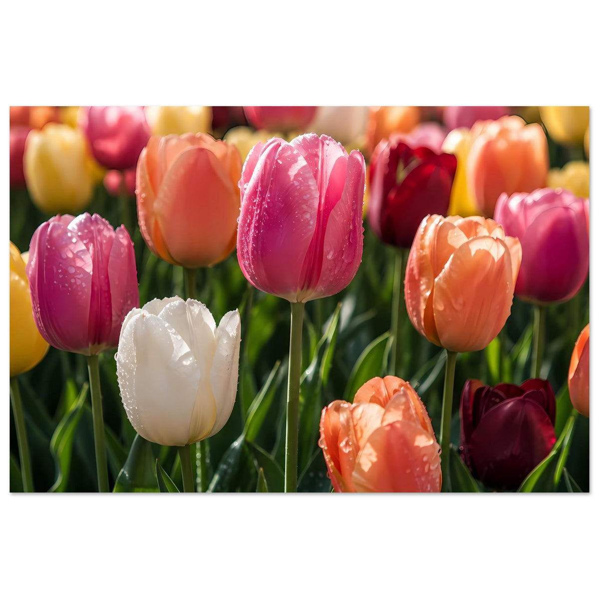Tulpen-Garten-Poster im Querformat: mehrere Tulpenköpfe mit Wasserperlen, mittig pink