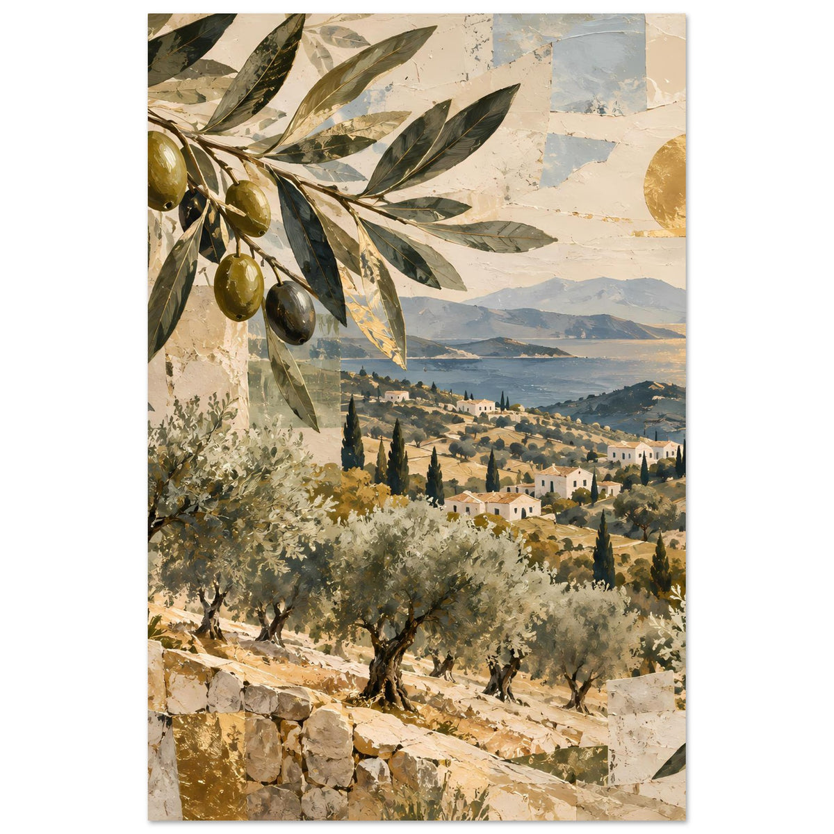 Mediterranes Olivenhain-Poster, hochformatig: Olivenzweig links, Tal mit Häusern und Bergen