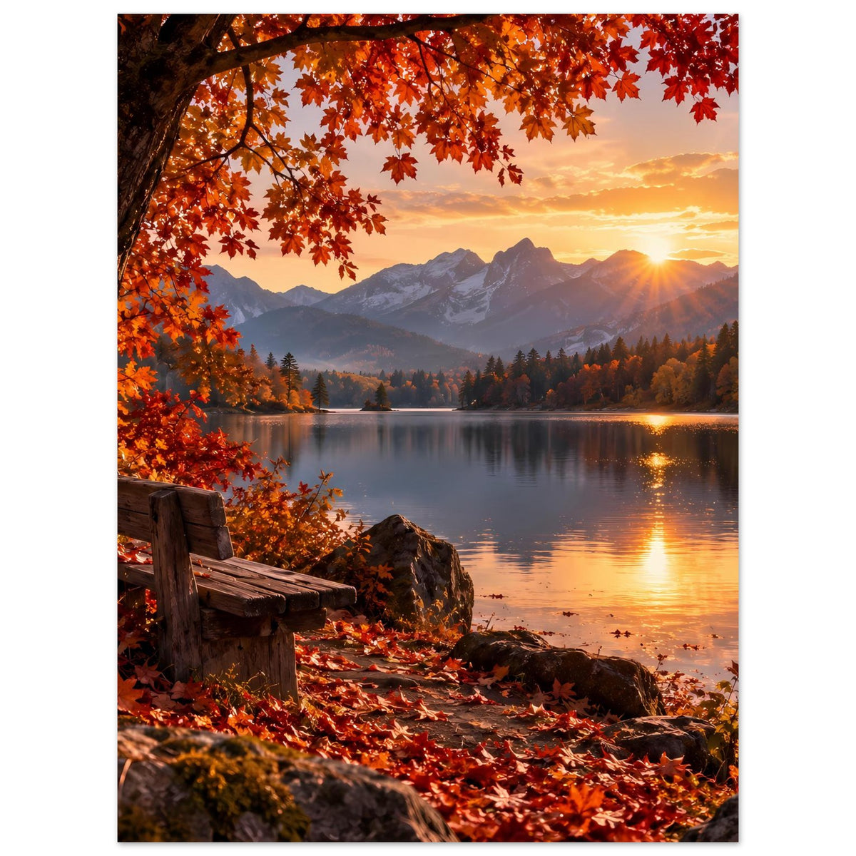 Poster mit Herbstlandschaft: See, Berge, rote Blätter und goldener Sonnenuntergang