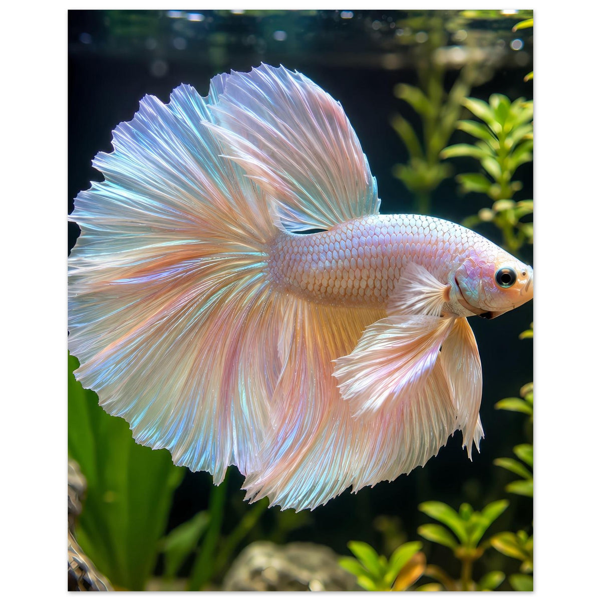 Betta-Fischposter: seitlich schwebender Fisch mit blau schimmernden Flossen und weißem Körper
