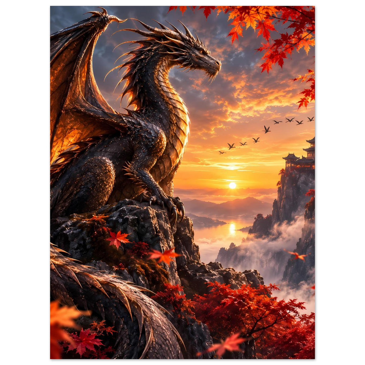 Poster mit schwarzem Drachen auf Felsen, leuchtendes Orange, rotes Blattwerk